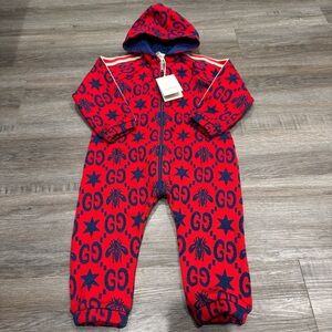 Gucci Logo All in One Bee Star Red and Blue Hooded Onesie One Piece